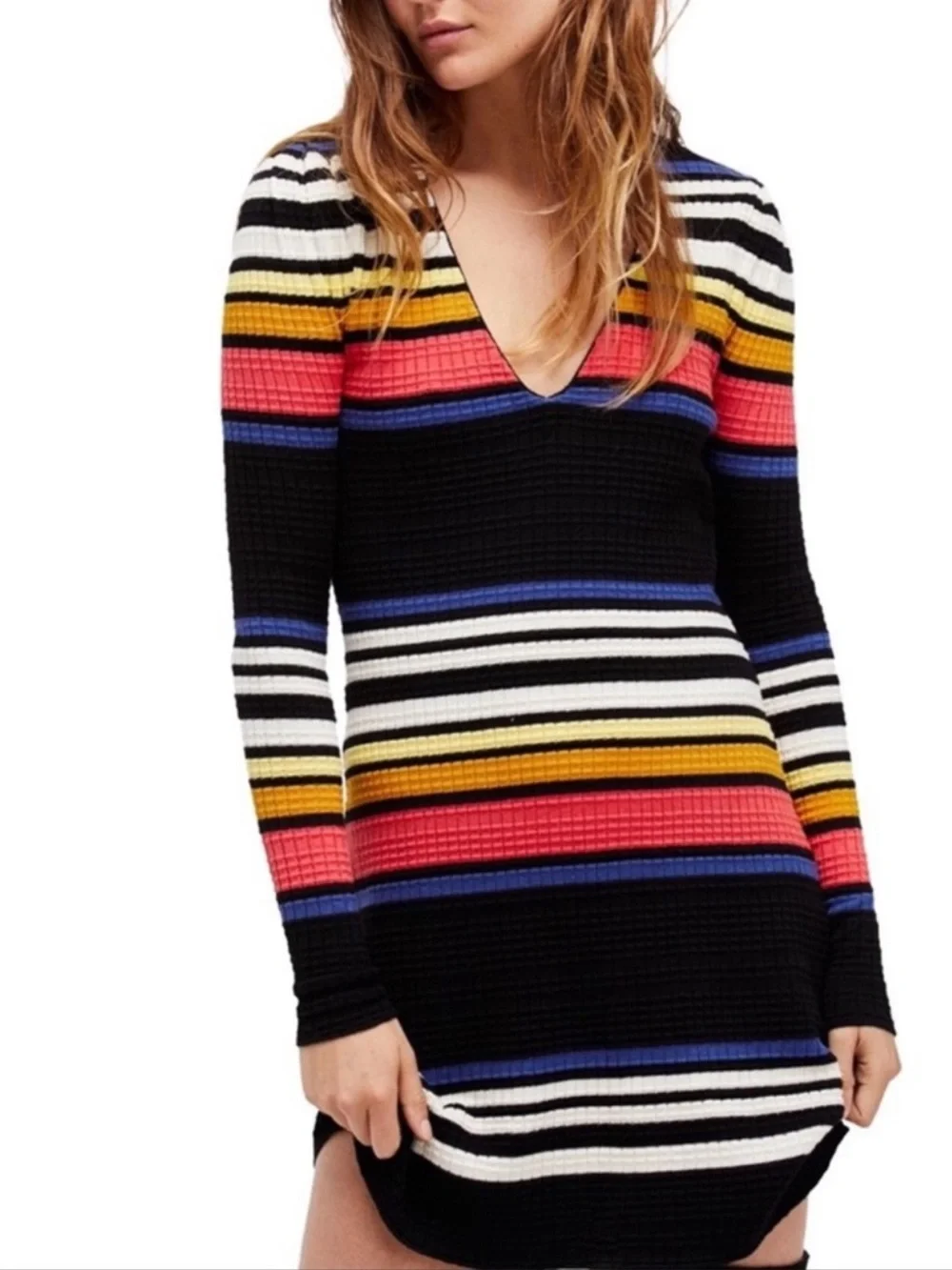 Free People Gidget Striped V-Neck Knit Dress in Multi-Color Size M